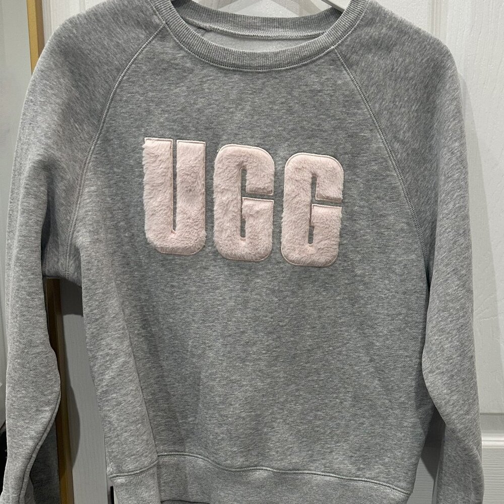 Grey crewneck with pink bold fuzzy letters